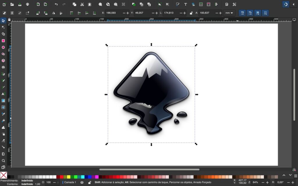 Imagem com a interface do Inkscape e a logo do Inkscape ao centro