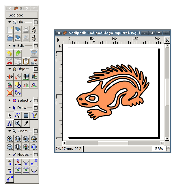 Interface do Sodipodi, software que daria origem ao Inkscape